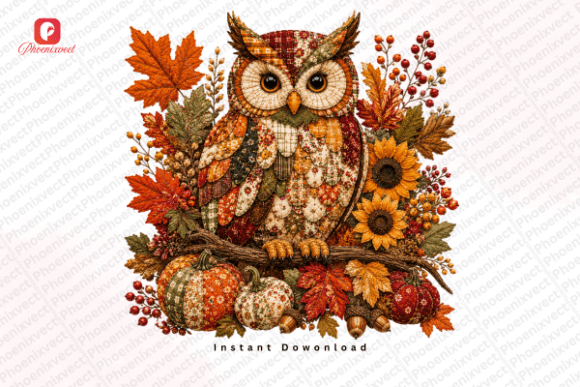 Download Patchwork Autumn Fall Woodland Owl PNG - Land Collection